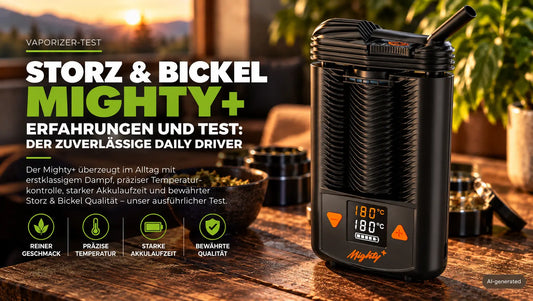 Storz und Bickel Mighty Plus Test auf warmen Holztisch Blog Banner