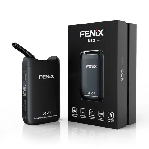Fenix NEO Vaporizer Frontansicht stehend neben Verpackung