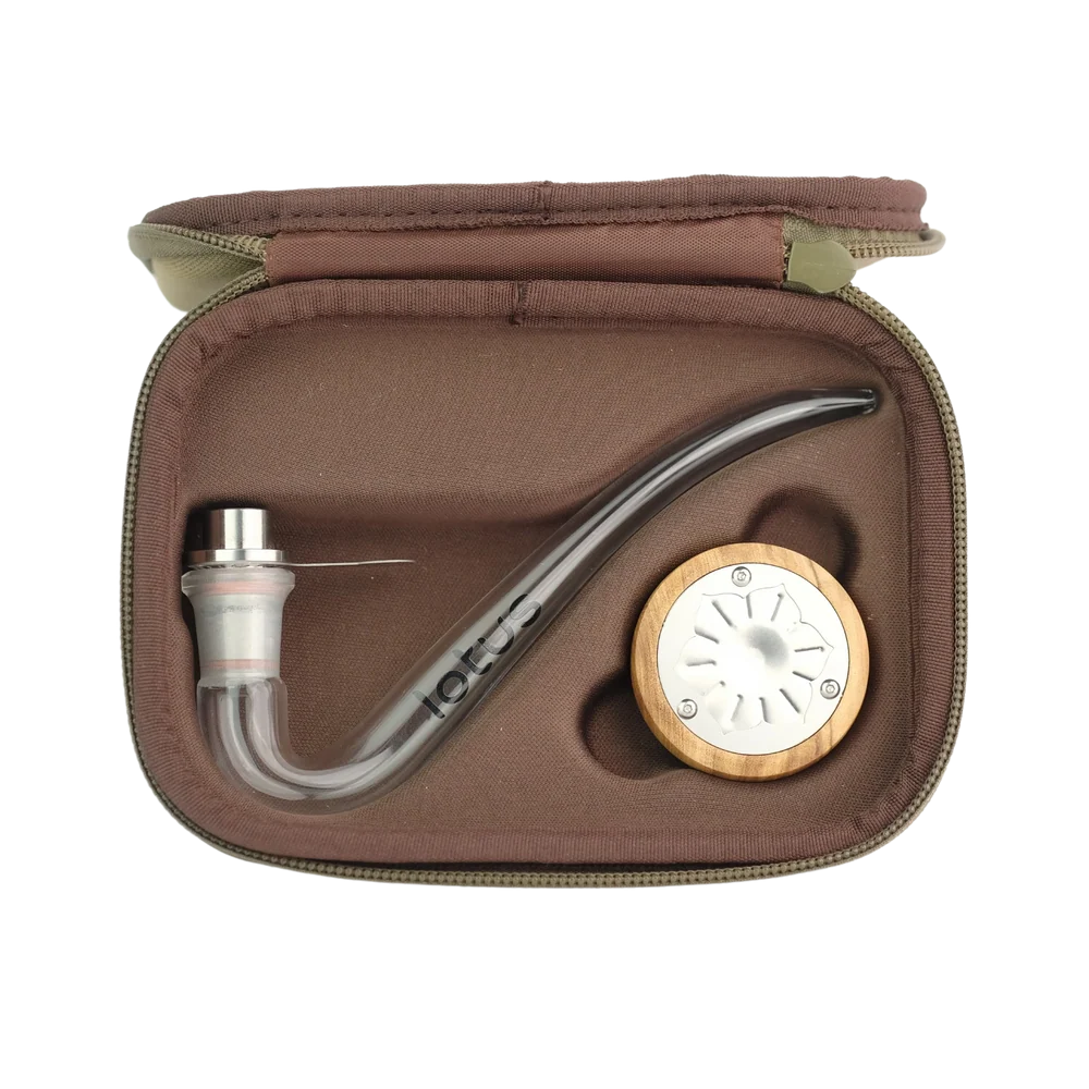 Inhale Lotus Vaporizer Kit in Tragetasche offen Olivenholz