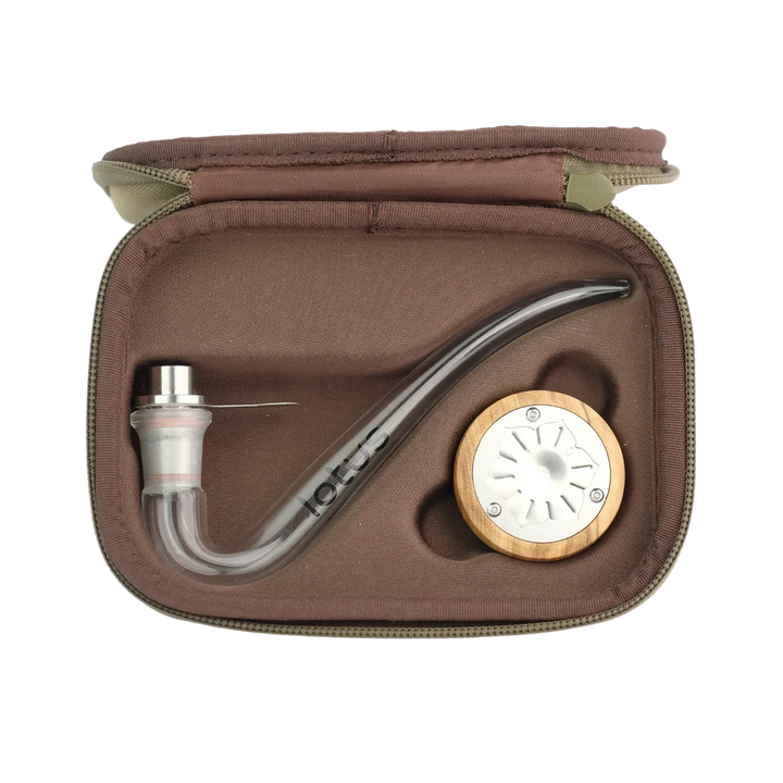 Inhale Lotus Vaporizer Kit in Tragetasche offen Olivenholz
