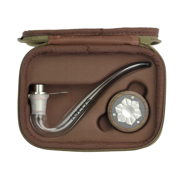 Inhale Lotus Vaporizer Kit in Tragetasche offen Walnussholz