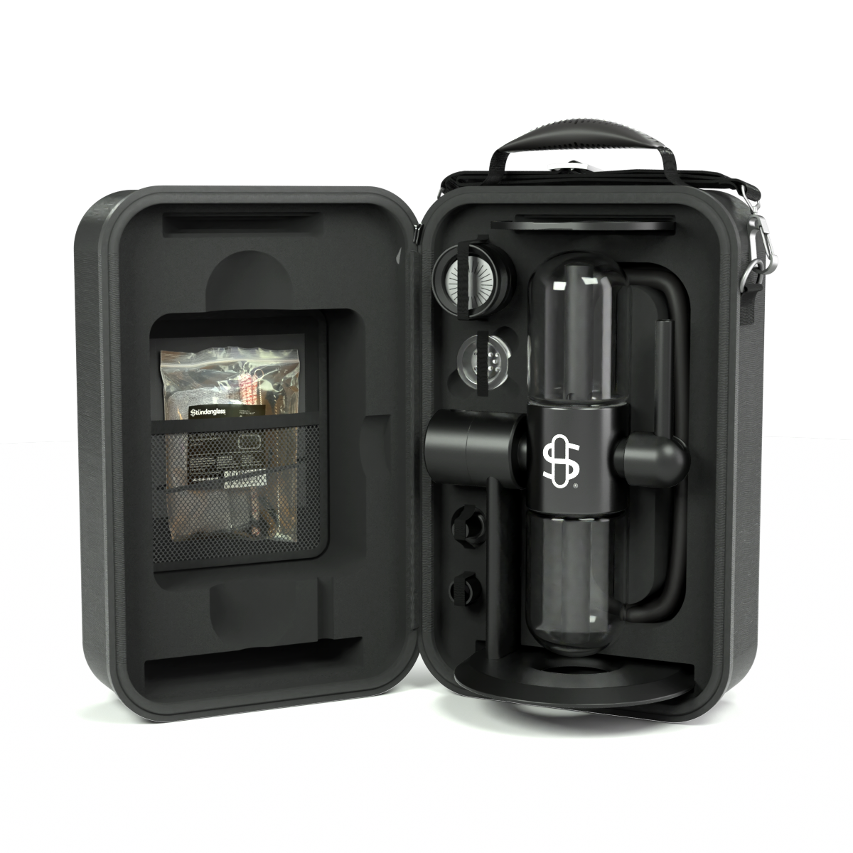 Stündenglass Gravity Infuser Kompact schwarz travel case offen
