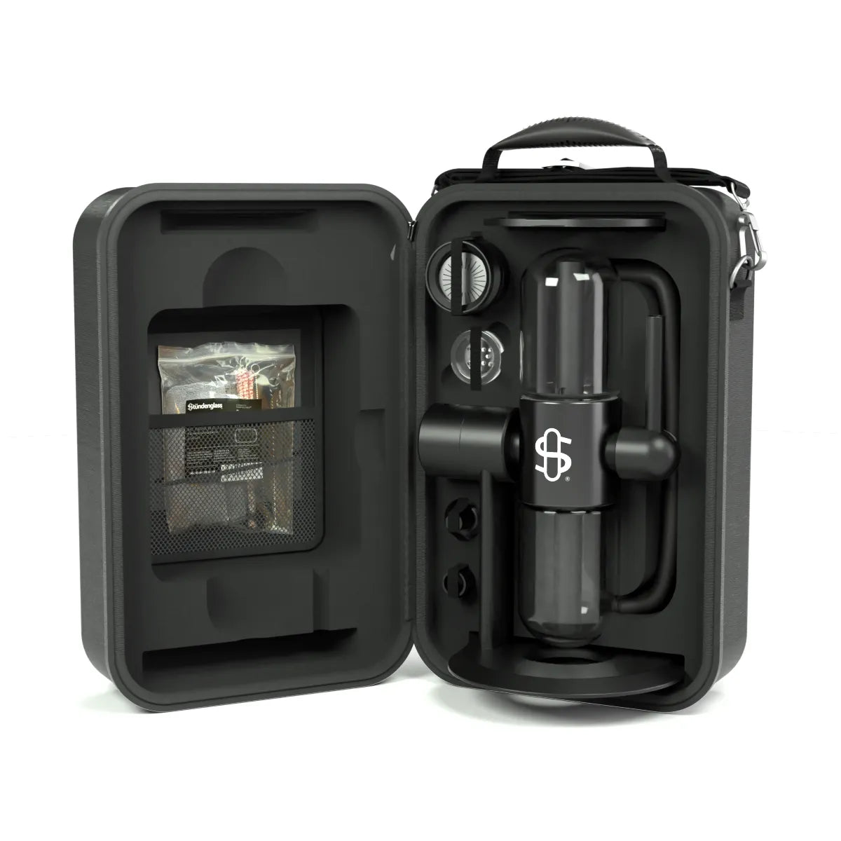 Stündenglass Gravity Infuser Kompact schwarz travel case offen